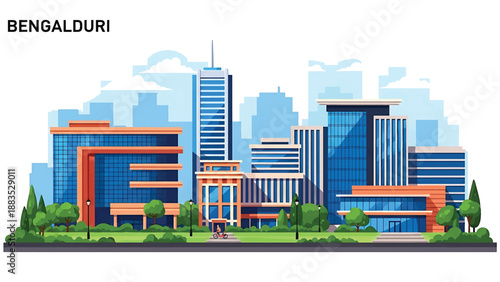 Vector illustration of Bengaluru cityscape showing a modern technology city with generic office buildings, greenery, and contemporary urban lifestyle in flat solid colors for business and travel