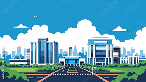 Vector illustration of Bengaluru cityscape showing a modern technology city with generic office buildings, greenery, and contemporary urban lifestyle in flat solid colors for business and travel