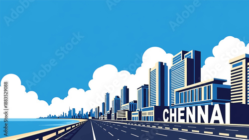 Vector illustration of Chennai cityscape presenting a coastal Indian city with generic urban buildings, seaside roads, and open skyline in flat solid colors for travel and lifestyle design