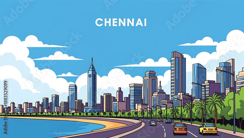 Vector illustration of Chennai cityscape presenting a coastal Indian city with generic urban buildings, seaside roads, and open skyline in flat solid colors for travel and lifestyle design