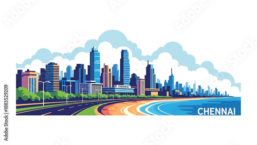 Vector illustration of Chennai cityscape presenting a coastal Indian city with generic urban buildings, seaside roads, and open skyline in flat solid colors for travel and lifestyle design