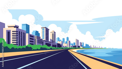 Vector illustration of Chennai cityscape presenting a coastal Indian city with generic urban buildings, seaside roads, and open skyline in flat solid colors for travel and lifestyle design