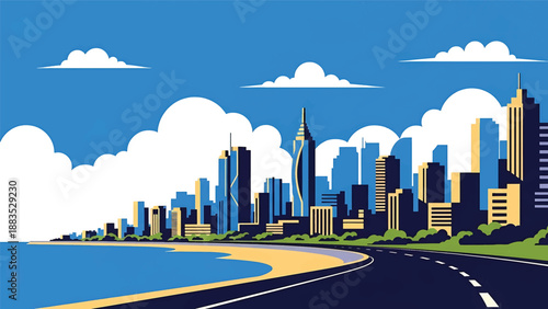 Vector illustration of Chennai cityscape presenting a coastal Indian city with generic urban buildings, seaside roads, and open skyline in flat solid colors for travel and lifestyle design