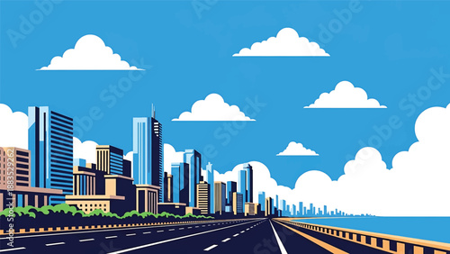 Vector illustration of Chennai cityscape presenting a coastal Indian city with generic urban buildings, seaside roads, and open skyline in flat solid colors for travel and lifestyle design