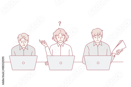 Doing tests and passing exams on laptops concept. Group of young thinking frustrated and concentrated people sitting at laptops thinking fulfilling tasks vector illustration