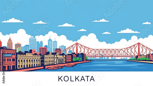 Vector illustration of Kolkata cityscape featuring a riverfront Indian city with generic mid-rise buildings, bridges, and historic urban atmosphere in flat vector style for cultural travel visuals