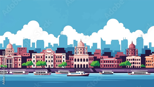 Vector illustration of Kolkata cityscape featuring a riverfront Indian city with generic mid-rise buildings, bridges, and historic urban atmosphere in flat vector style for cultural travel visuals