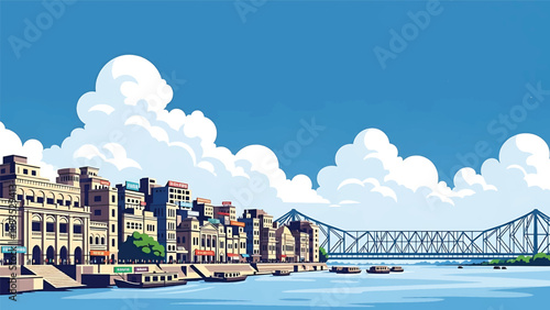 Vector illustration of Kolkata cityscape featuring a riverfront Indian city with generic mid-rise buildings, bridges, and historic urban atmosphere in flat vector style for cultural travel visuals