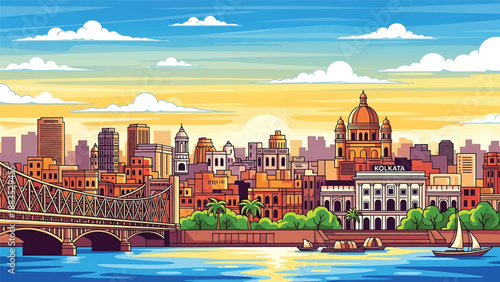 Vector illustration of Kolkata cityscape featuring a riverfront Indian city with generic mid-rise buildings, bridges, and historic urban atmosphere in flat vector style for cultural travel visuals