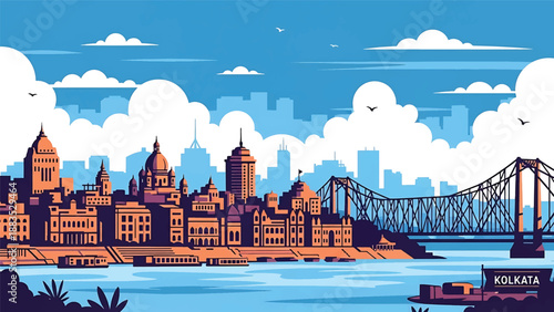 Vector illustration of Kolkata cityscape featuring a riverfront Indian city with generic mid-rise buildings, bridges, and historic urban atmosphere in flat vector style for cultural travel visuals