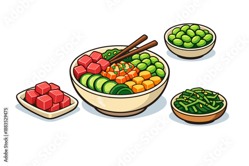 Fresh poké bowl with assorted vegetables and tofu in vibrant colors