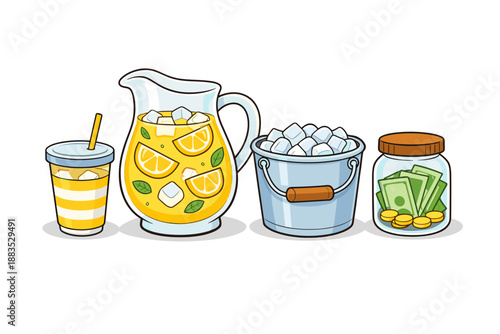 Lemonade and finances concept with drink, ice bucket, and money jar