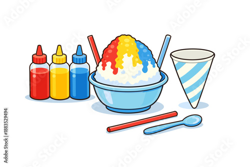 Colorful shaved ice with flavor bottles and cone on white background