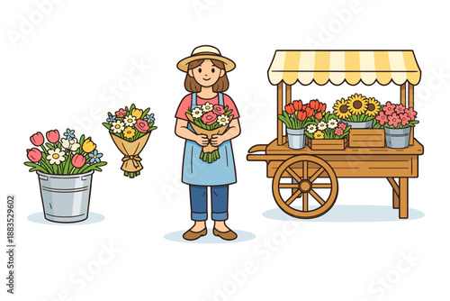 Cheerful flower vendor in a market with colorful blooms and cart
