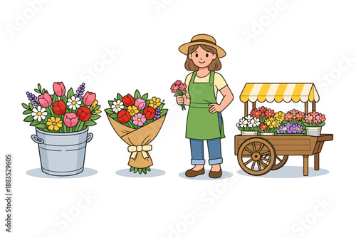 Florist with flower cart and arrangements in colorful cartoon style