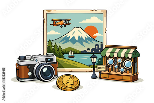 Vintage mountain adventure scene with airplane and retro camera for travel enthusiasts