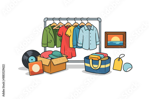 Colorful secondhand market items featuring clothing and accessories