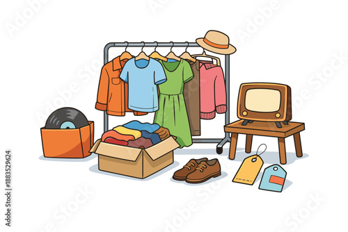 Retro fashion and home decor collection with vintage clothing and accessories