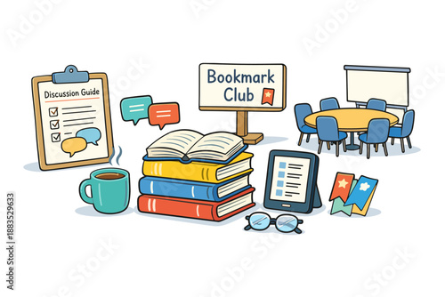 Cozy book club meeting setup with open books and discussion elements
