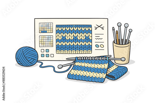 Knitting pattern design with needles, yarn, and craft tools in hand drawn style