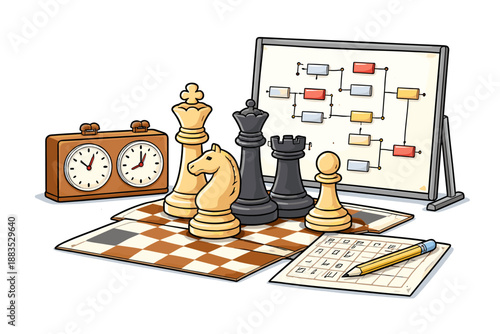 Chess strategy and planning with pieces and flowchart
