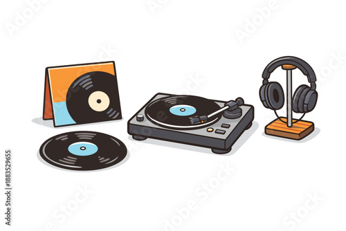 Vintage music setup with turntable, vinyl records, and headphones in isometric style