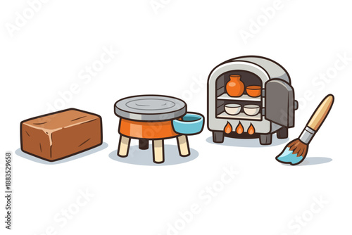 Pottery essentials: brick, wheel, kiln, and glazing brush illustration