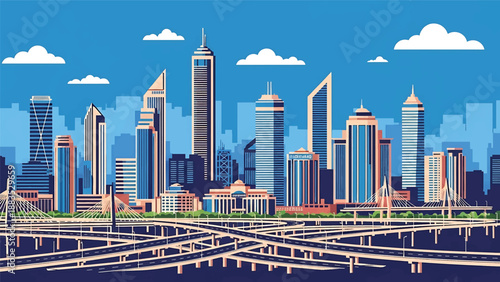 Vector illustration of Hyderabad cityscape showing a fast-growing Indian urban center with generic modern buildings, flyovers, and business districts in flat solid colors for corporate and travel