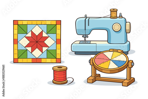 Colorful quilting setup with sewing machine and thread spools in flat cartoon style