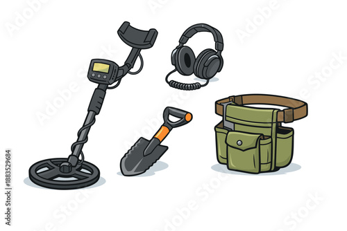 Metal detecting gear collection with shovel, headphones, and tool belt in cartoon style