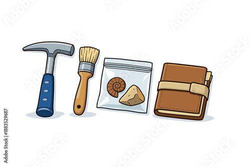 Cartoon style archaeology tools and fossils set