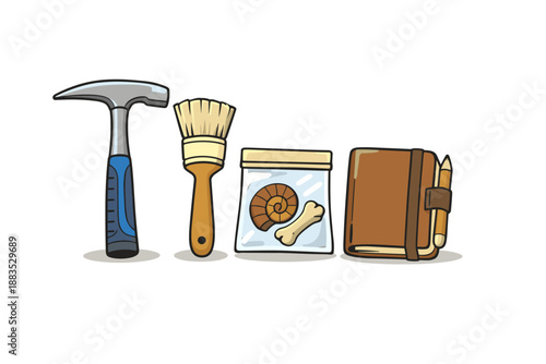 Archaeology toolkit with hammer, brush, fossil, and notebook in cartoon style