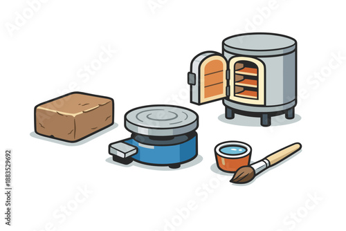 Isometric pottery tools and kiln set with clay and paintbrush on white background