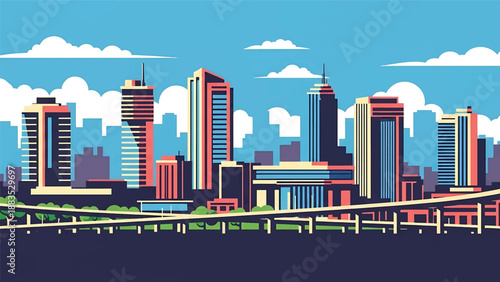 Vector illustration of Hyderabad cityscape showing a fast-growing Indian urban center with generic modern buildings, flyovers, and business districts in flat solid colors for corporate and travel