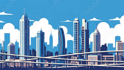 Vector illustration of Hyderabad cityscape showing a fast-growing Indian urban center with generic modern buildings, flyovers, and business districts in flat solid colors for corporate and travel