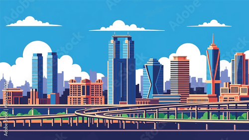 Vector illustration of Hyderabad cityscape showing a fast-growing Indian urban center with generic modern buildings, flyovers, and business districts in flat solid colors for corporate and travel