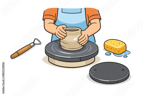 Pottery making process with hands sculpting clay on wheel