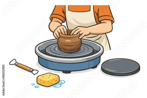 Hands crafting pottery with a wheel in a creative studio setting