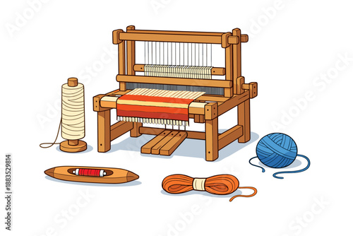 Traditional wooden loom with yarn and tools on white background