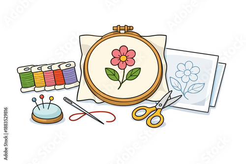 Creative embroidery set with floral design: tools and pattern for diy crafting