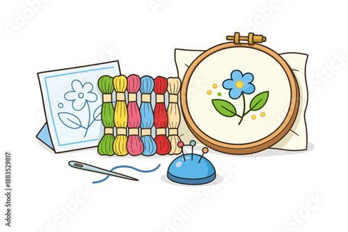 Embroidery tools with floral design in hoop featuring colorful threads
