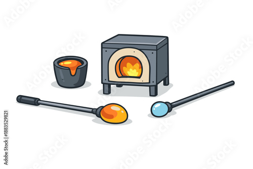 Cartoon furnace with molten glass and tools for glassblowing art