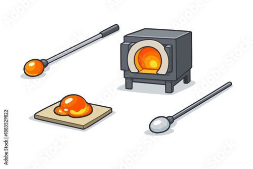 Isometric glassblowing tools and furnace set for artistic crafting projects