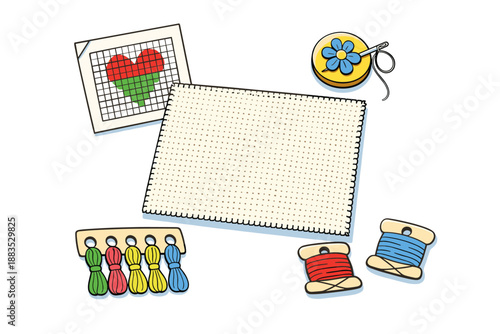 Colorful cross stitch craft supplies with thread and pattern background