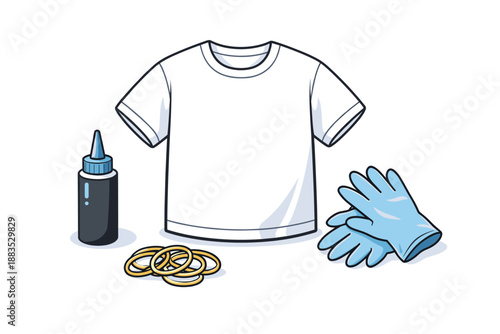 Tie dye kit essentials with white tee and blue gloves on white background
