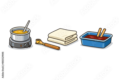 Waxing tools and supplies: melting pot, wooden spatula, wax strips, and wax tray in detailed isometric style