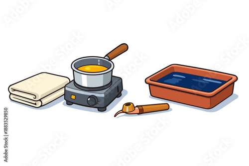 Candle making essentials: melting pot, wax pool, and wick tool for crafting
