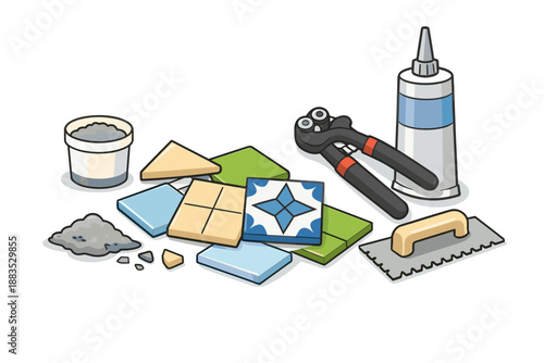 Colorful tiling tools and materials for diy projects in flat style