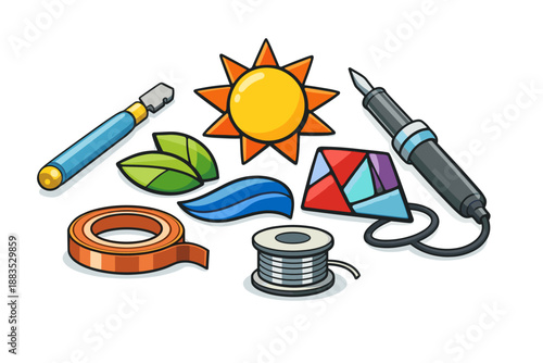 Crafting tools and materials with sun and nature icons in cartoon style