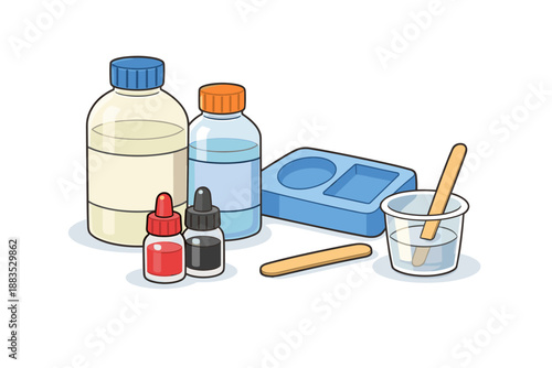 Crafting resin tools set with bottles and molds on white background